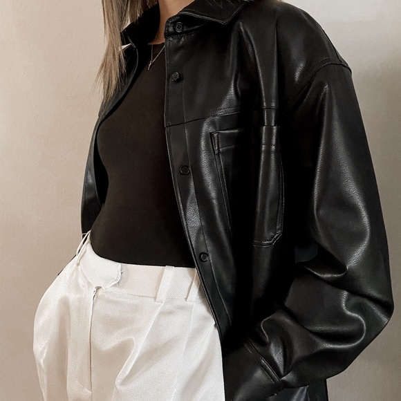 H&M Jackets & Blazers - Black Faux Leather Vegan Shirt Jacket - H&M - 100% Polyester
